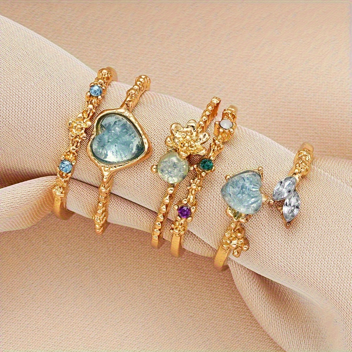 Heart & Floral Rhinestone Ring Set 3 Piece Combination Jewelry